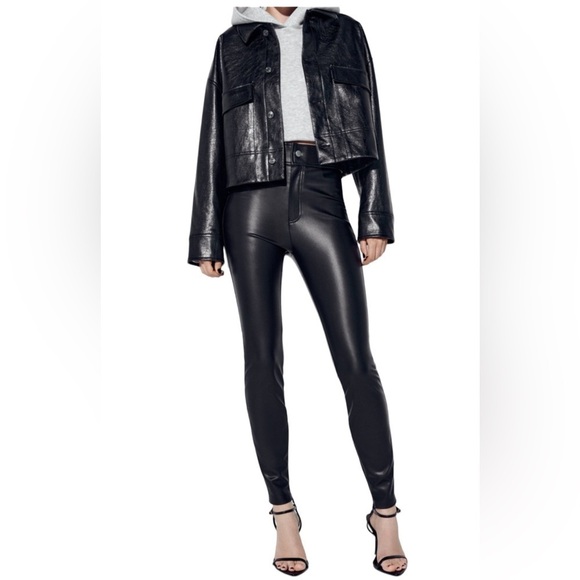 Zara Faux Leather Black High Waisted Skinny Leg Jeggings Pants Sz Small - Picture 2 of 11